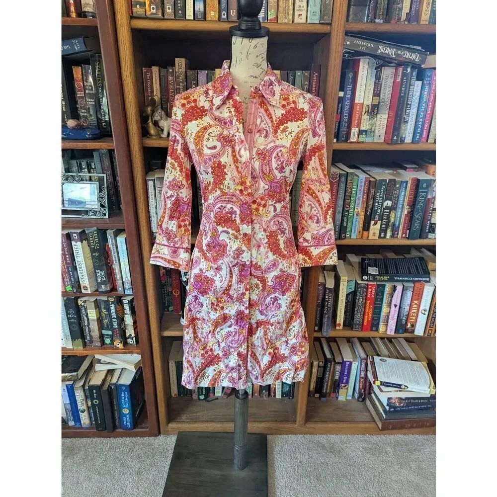 Robert Graham Women's Size 4 Orange Pink Embroidered Charlotte Mini Dress Paisle